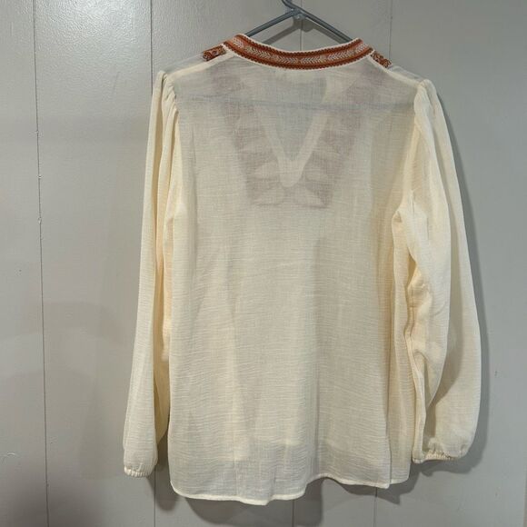 Spartina 449 Embroidered Boho Tunic Top Cream Rust Paisley V Neck Long Sleeve Me - Picture 2 of 6